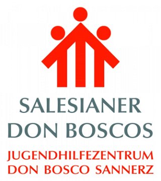 Das Don-Bosco-Logo zeigt stilisiert drei Personen, in der Mitte Don Bosco mit zwei Jugendlichen. Don Boscos Arme symbolisieren ein Dach, die drei Menschen stellen die Säulen des Ordens dar: Prävention durch Religion, Vernunft und liebevolle Güte. Das