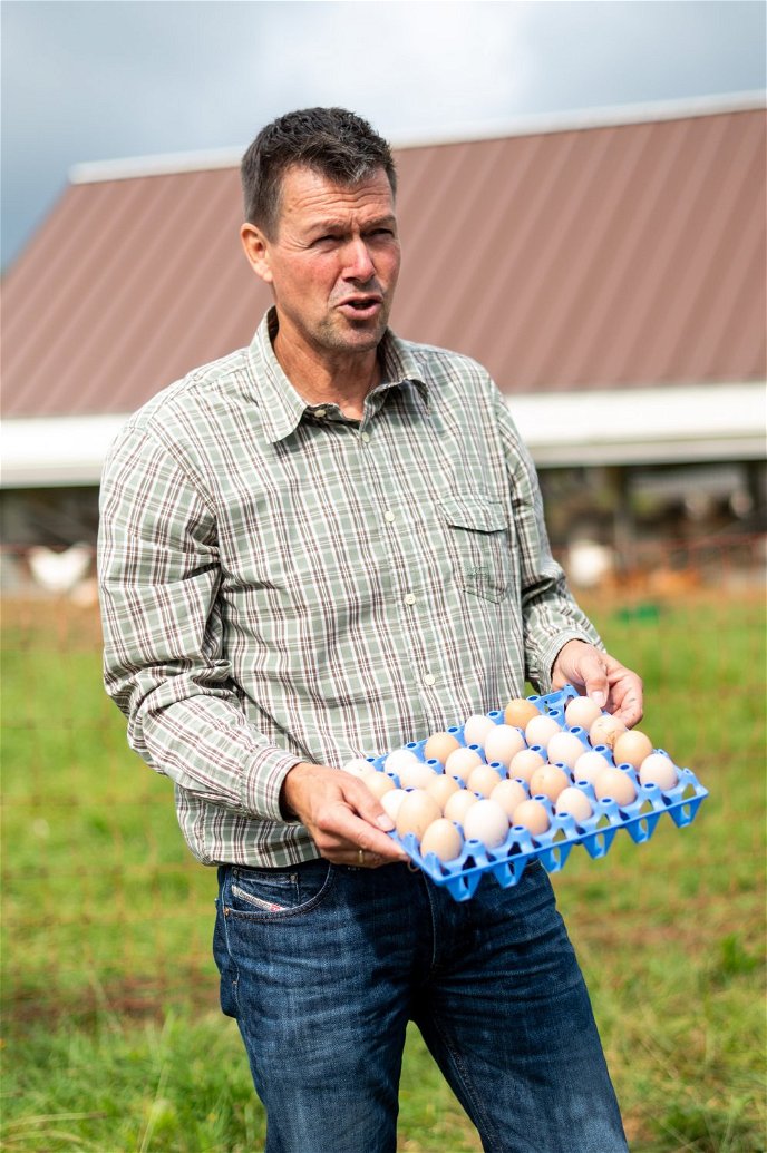 Dietrich Hunsmann, Leiter des Hofgut Marjoß, zeigt die ersten neuen Eier