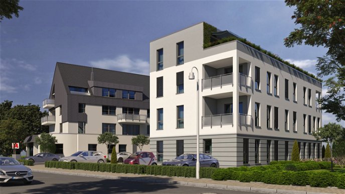 So soll das Ärztehaus (Blick von der Lotichiusstraße) aussehen. Im Hintergrund ist die Lotichius Apotheke der Familie Rindt zu sehen. - Visualisierung: BTB GmbH
