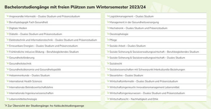 Bachelorstudiengänge mit freien Plätzen bis Wintersemester 2023/24 Foto: Hochschule Fulda