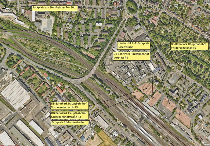 Rund um das Hauptbahnhofgelände gibt es einige Alternativen zu Parkplatz P2. Die Karte zeigt, wo diese sich befinden.  - Foto/Grafi: Stadt Hanau