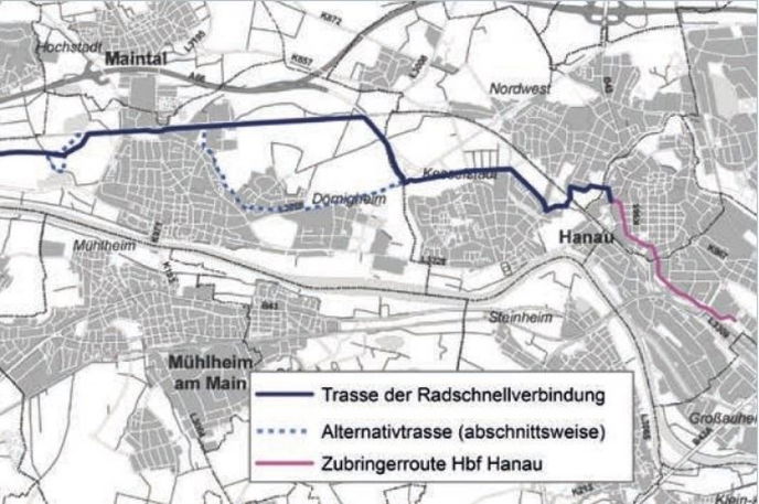 Die Grafik zeigt den geplanten Trassenverlauf für den Abschnitt des Radschnellwegs FRM7 zwischen Hanau und Maintal.