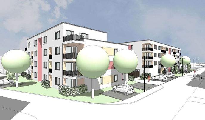 Visualisierung der beiden Mehrfamilienhäuser, welche die Maintal Immobilien Gesellschaft im Neubaugebiet Eichenheege errichten wird - Visualisierung: PA+Architekten