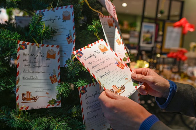 Der weihnachtlich geschmückte Wunsch-Weihnachtbaum steht im Service-Center Hanau aufLADEN in der Nürnberger Straße 31-33.