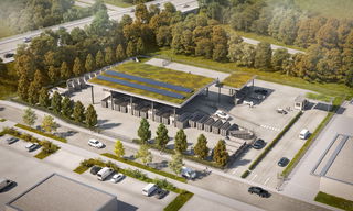 Die Visualisierungen zeigen den neuen Wertstoffhof von oben. Über ein Einbahnstraßensystem und Rampen können die Anliefernden ihre Abfälle bequem in die Container auf Erdgeschosshöhe entsorgen. Der Lkw-Verkehr hat eine separate Zufahrt.  - Visualisierung: Architektur-Computergrafik I B. C. Horvath